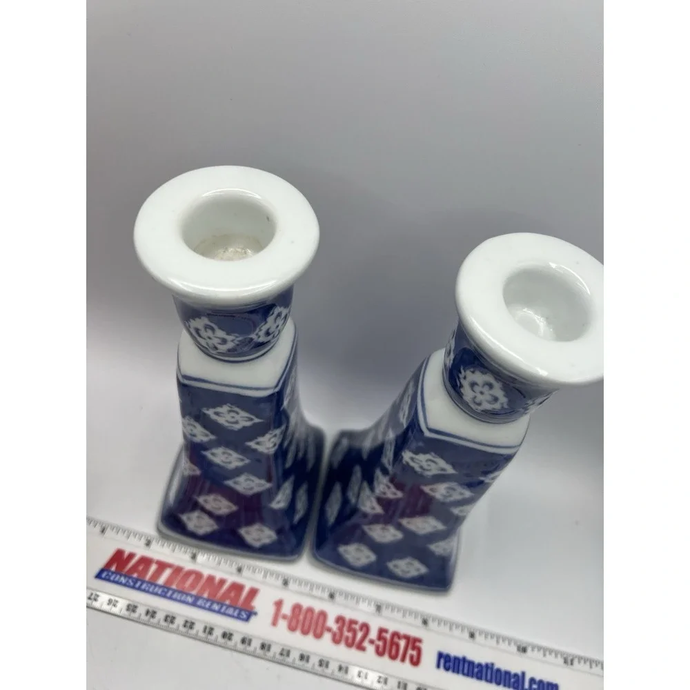 Pair Ceramic Silvestri Cobalt Blue White Taper Candle Holders 8